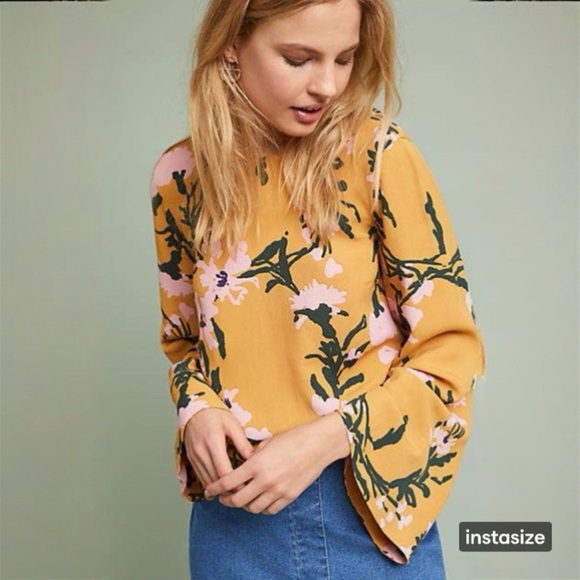 Marimekko Midiam Mustard Yellow Floral Bell Sleeve Open Back Blouse XS - Picture 3 of 16